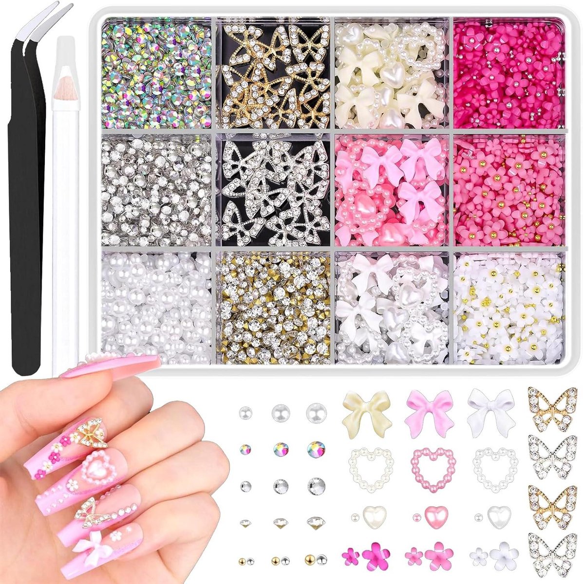 3D nagel art bedelset vlinder-nagelbedels-hart-strikken met pincet en stippengereedschap - Y2K nageldecoratie .