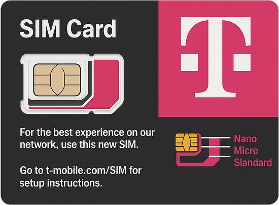 T-Mobile SIM-kaart met de T-Mobile logo. Toont Nano, Micro en Standard SIM-formaten.