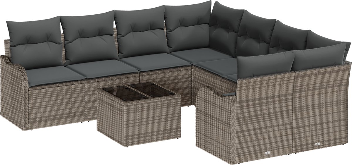 vidaXL - Tuinbank - Set - met - kussen - 9 - pcs - Grijs - Poly - Riet - en - Staal - en - Glas