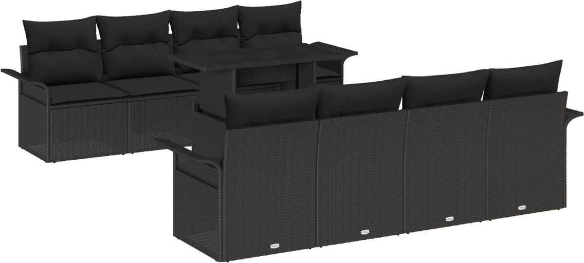 vidaXL - Tuinbank - Set - met - kussen - met - opslag - 9 - pcs - Zwart - Poly - Riet