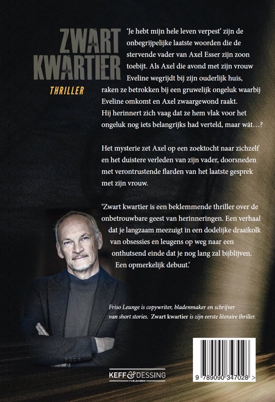 Zwart kwartier thriller boek, met een man in een donker colbert. Gefotografeerd voor een donkere achtergrond met tekst.