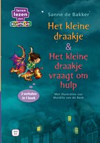 Een meisje rijdt op een gekleurde draak boven huizen. Titel: Het kleine draakje & Het kleine draakje vraagt om hulp.
