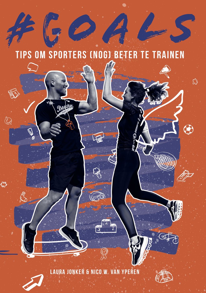 Twee sporters, een man en een vrouw, geven elkaar een high-five met de titel '#GOALS TIPS OM SPORTERS (NOG) BETER TE TRAINEN'.
