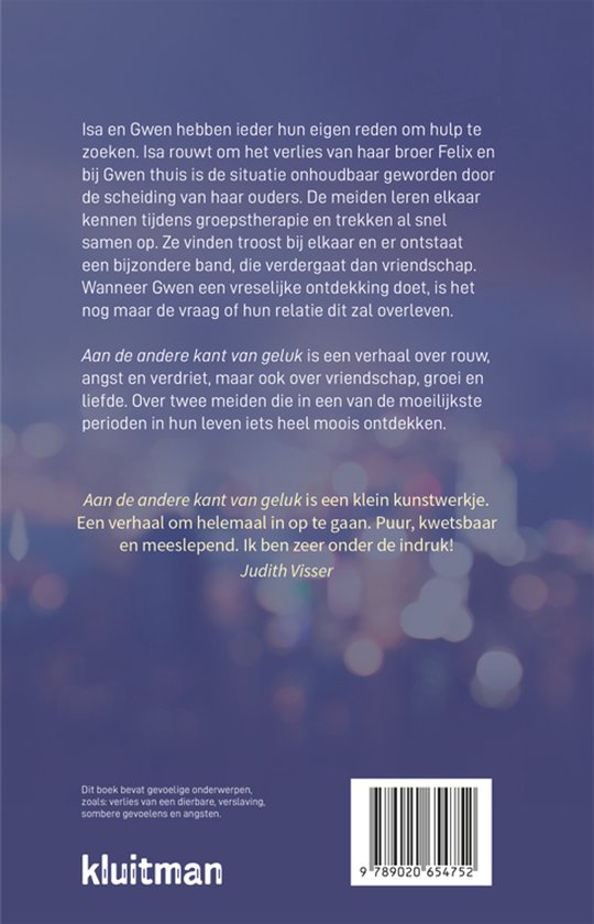 Achterkant van het boek 'Aan de andere kant van geluk' met beschrijving, ISBN en uitgever.