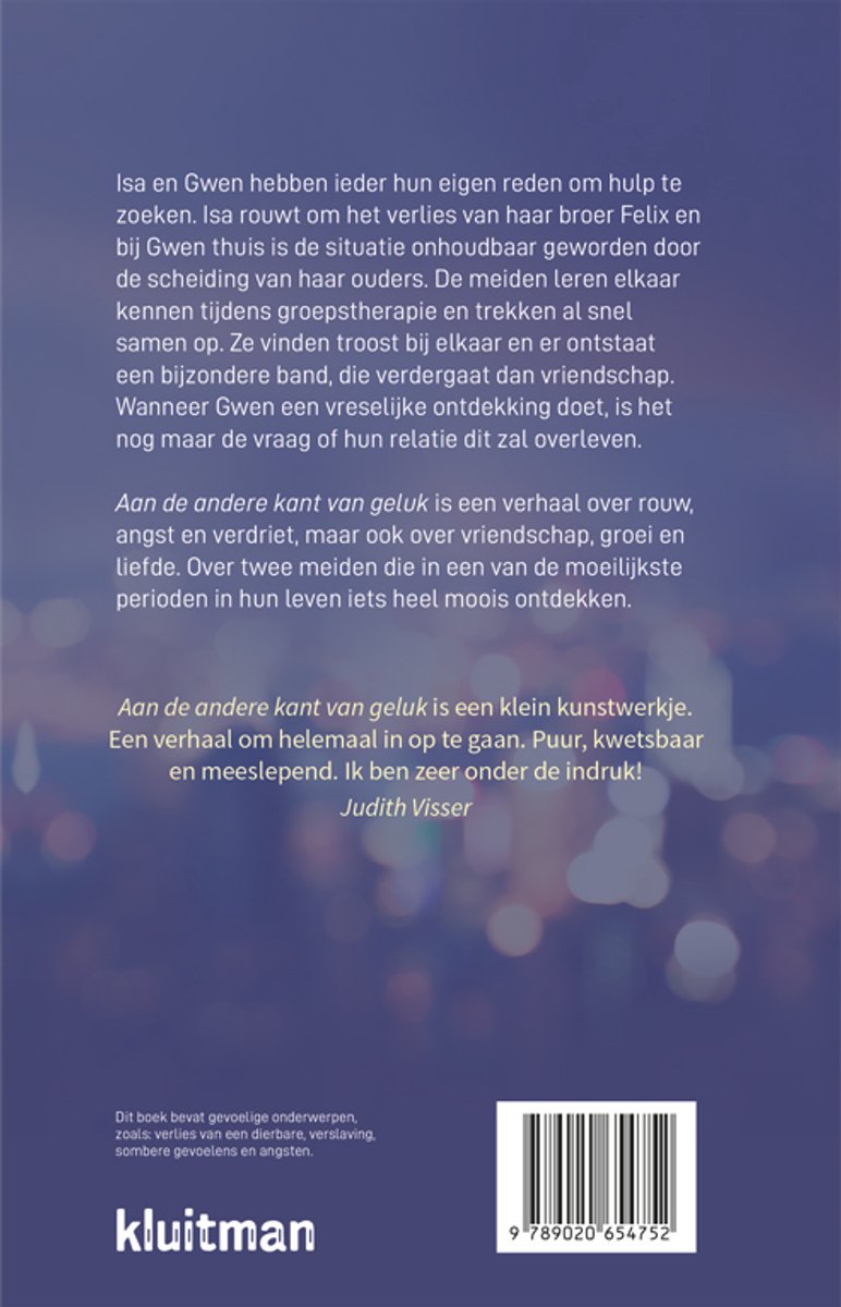 Achterkant van het boek 'Aan de andere kant van geluk' met beschrijving, ISBN en uitgever.