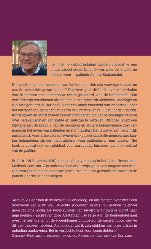 Boekcover 'Kanker luisteren'. Foto van Prof. dr. Ad Kaptein. Tekst over het boek, een citaat en de auteur.