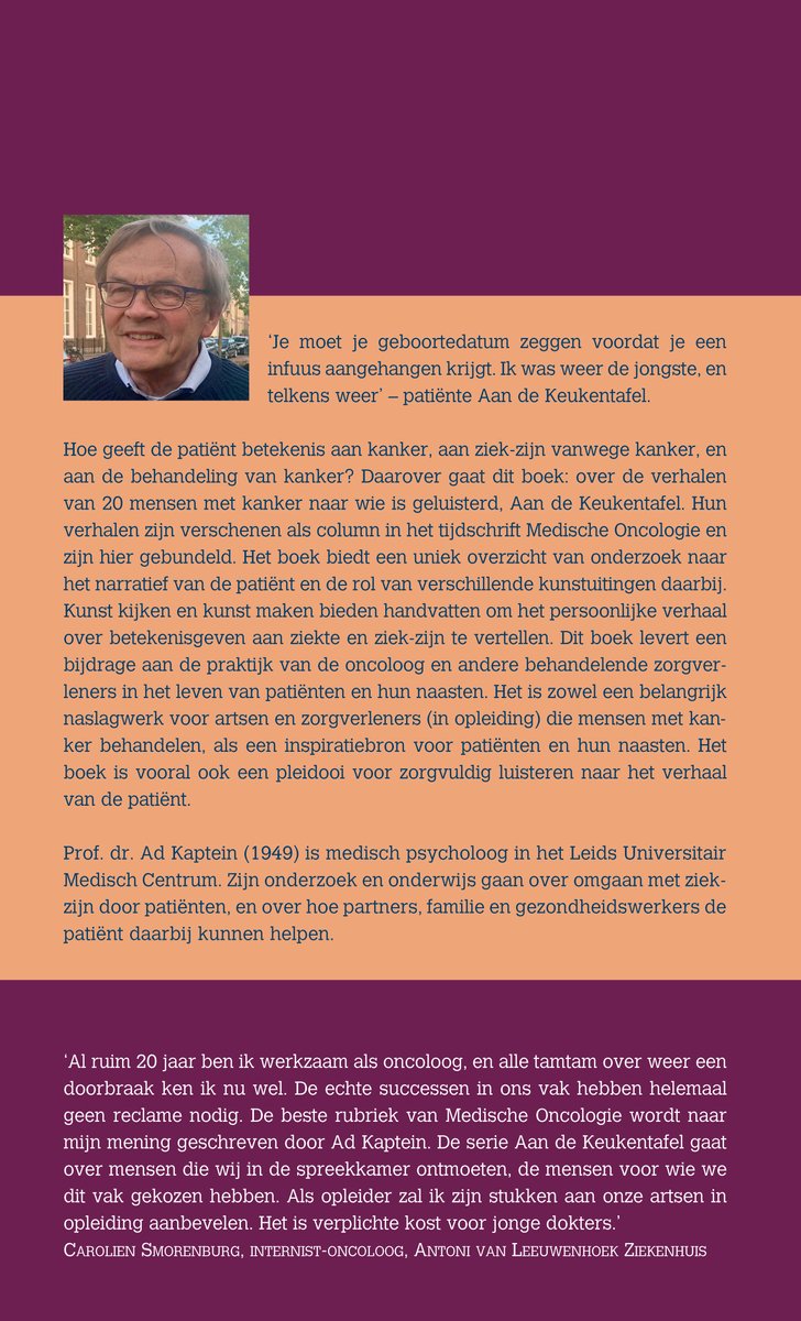 Boekcover 'Kanker luisteren'. Foto van Prof. dr. Ad Kaptein. Tekst over het boek, een citaat en de auteur.