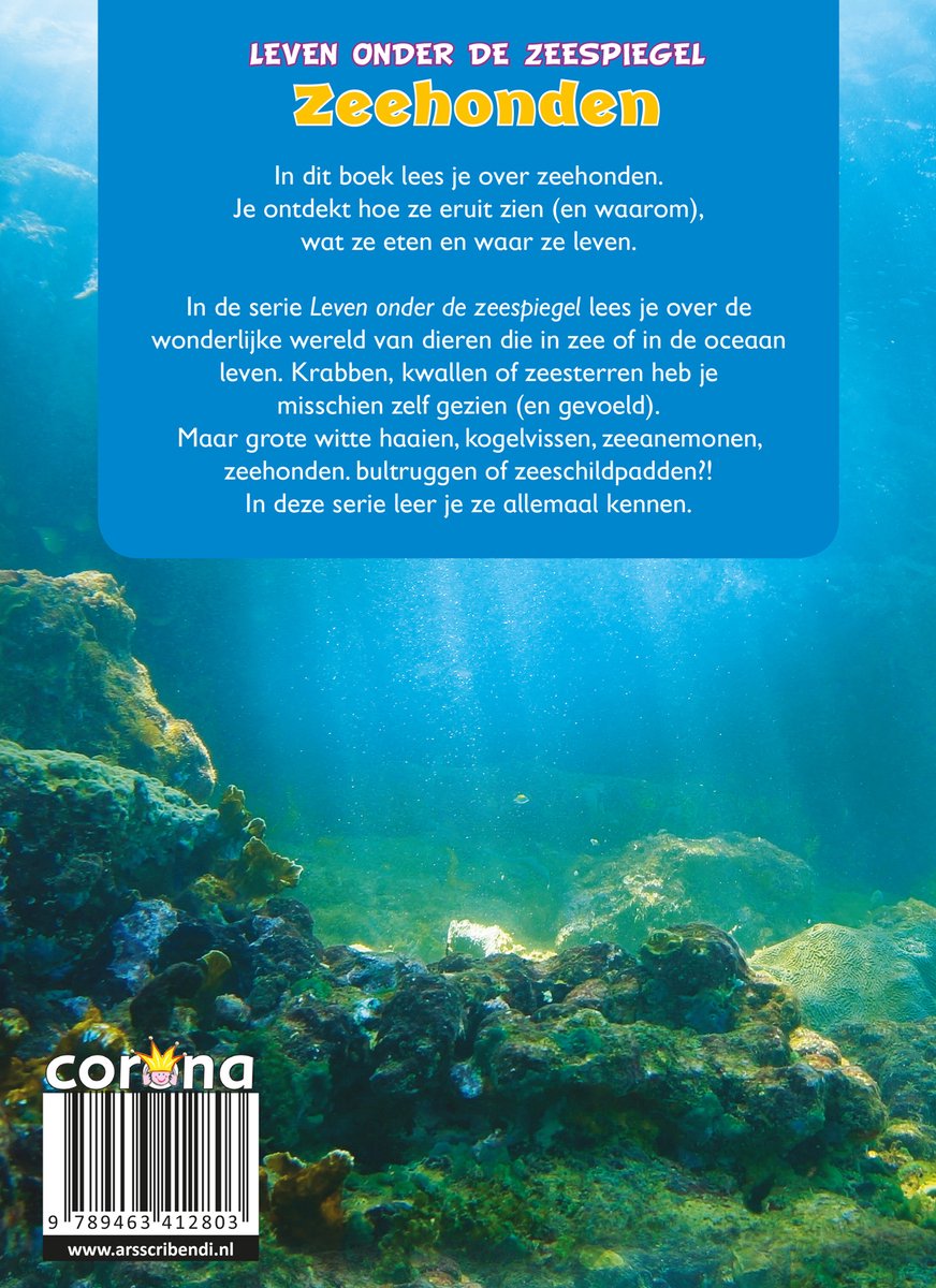 Achterkant van het boek 'Zeehonden', met tekst over de serie 'Leven onder de zeespiegel' en een streepjescode.