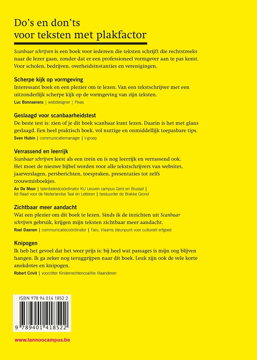Achterkant van het boek 'Scanbaar schrijven' met tekst en ISBN-nummer.
