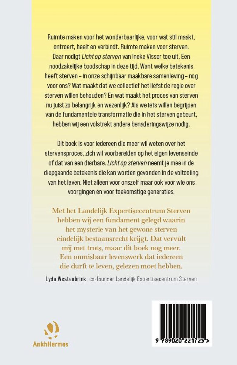 Achterkant boek met tekst over "Licht op sterven". Streepjescode onderaan.