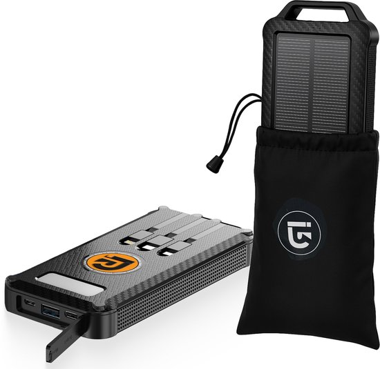 JIRTech® - Solar powerbank 10 000 mAh - Ingebouwde kabels - Iphone & Samsung - Solar Charger - Powerbank Zonneenergie - Draadloos opladen - Wireless charger - Snellaadfunctie - 6x USB - Usb C - Noodpakket - Zaklamp - Meerdere Apparaten