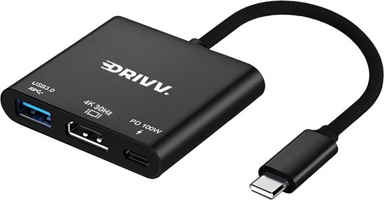 Drivv. USB C naar HDMI Adapter 3 in 1 - HDMI 4K 30hz - USB 3.0 - PD 100W - Zwart