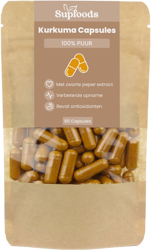 Bruine zak gevuld met 60 capsules kurkuma.