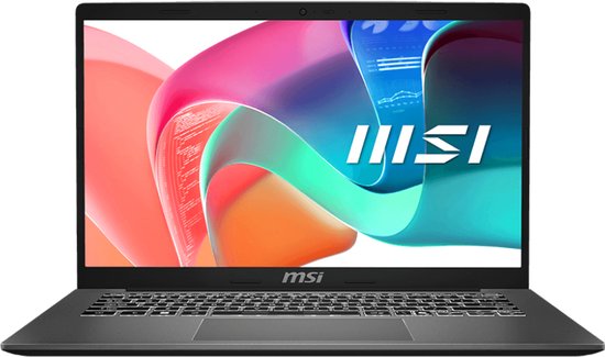 MSI laptop met een kleurrijk abstract bureaublad op het scherm en het MSI logo.
