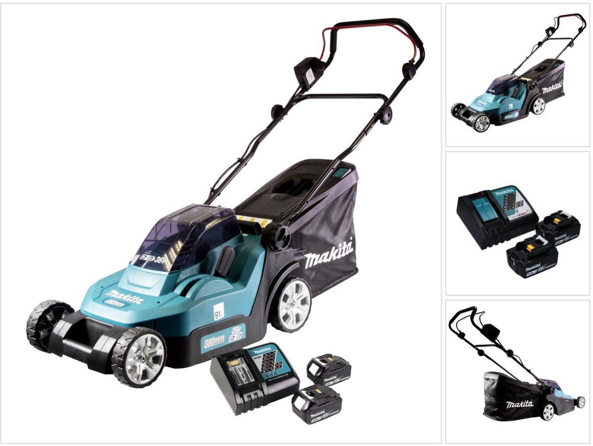 Makita DLM 432 RT2 accu-grasmaaier 36 V (2x 18 V) 43 cm + 2x accu 5,0 Ah + oplader