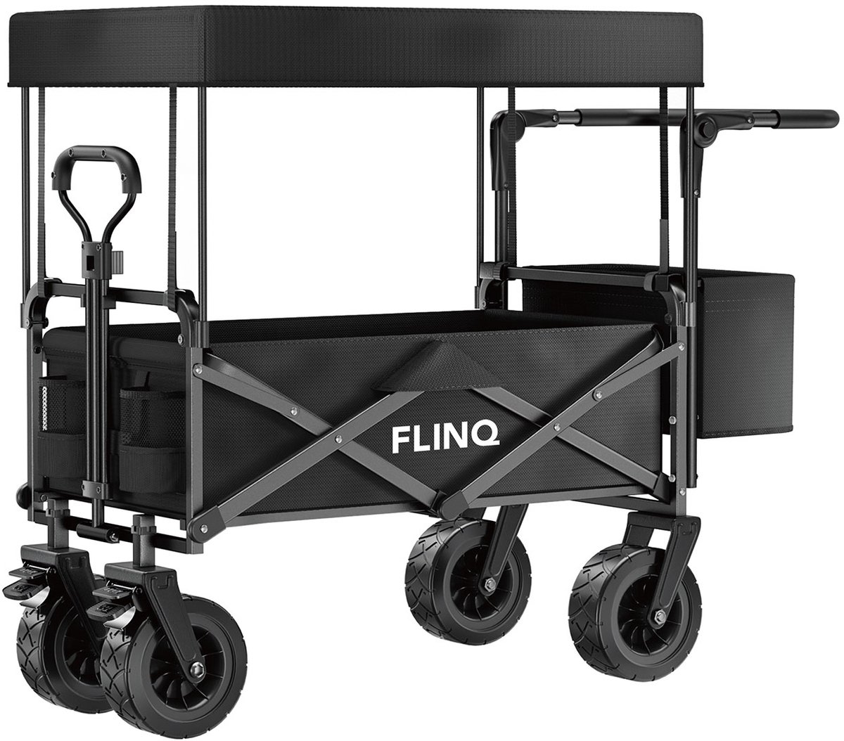 FlinQ Bolderkar met Dak tot 130 KG - Opvouwbaar - Strandkar met Duwstang - Inklapbare Bolderwagen voor Strand - 100L Inhoud met Draaibare Wielen - Zwart