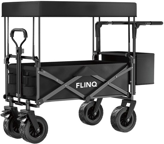 FlinQ Bolderkar met Dak tot 130 KG - Opvouwbaar - Strandkar met Duwstang - Inklapbare Bolderwagen voor Strand - 100L Inhoud met Draaibare Wielen - Zwart