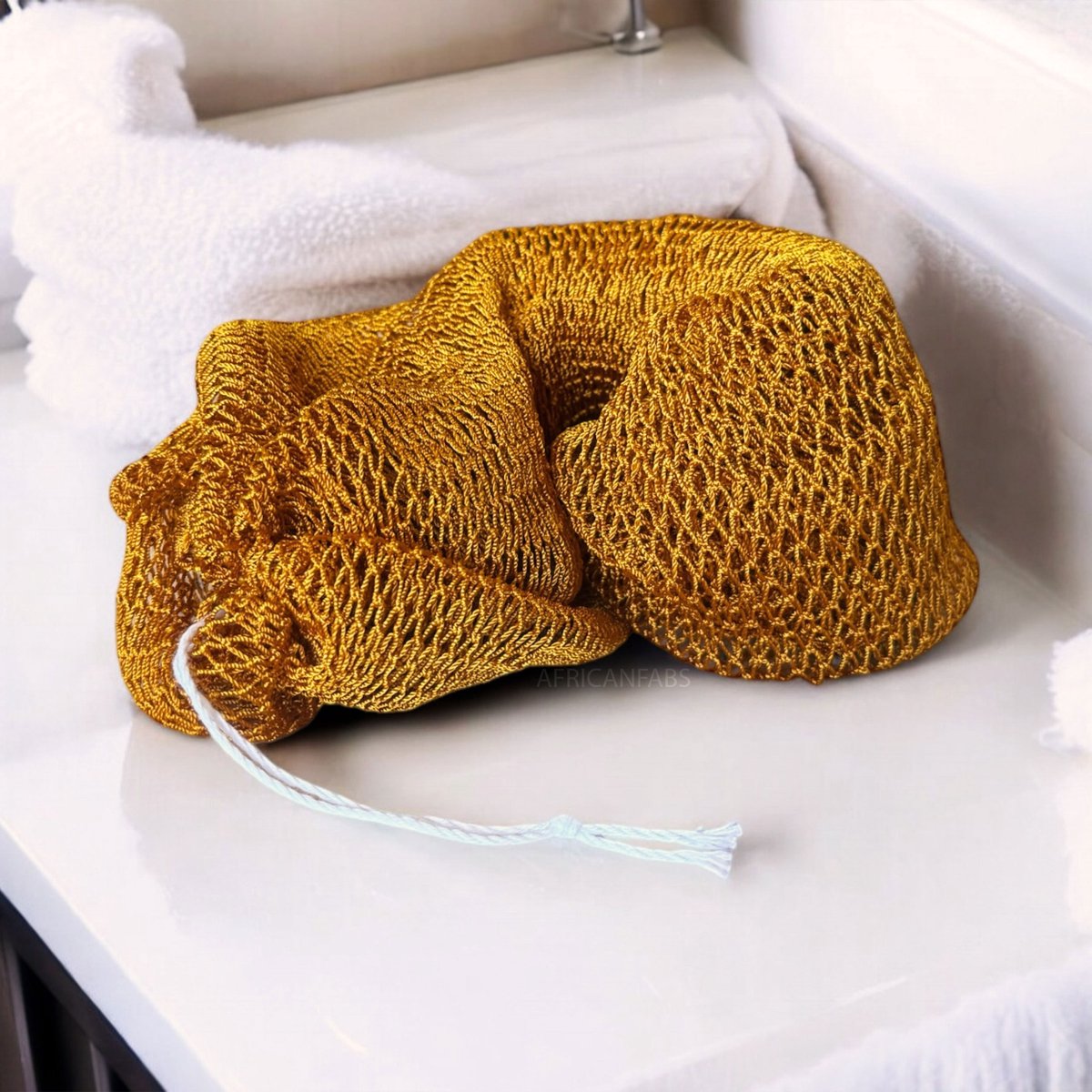 AfricanFabs® Afrikaanse spons / net sponge - traditionele SAPO spons / Ghanese scrub spons - Mosterd