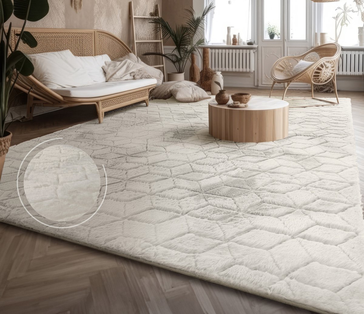 flycarpets Zacht fluffy vloerkleed - Arinzo Geo Crème - 160x220 cm - Hoogpolig Tapijt Woonkamer / Slaapkamer / Kinderkamer Creme