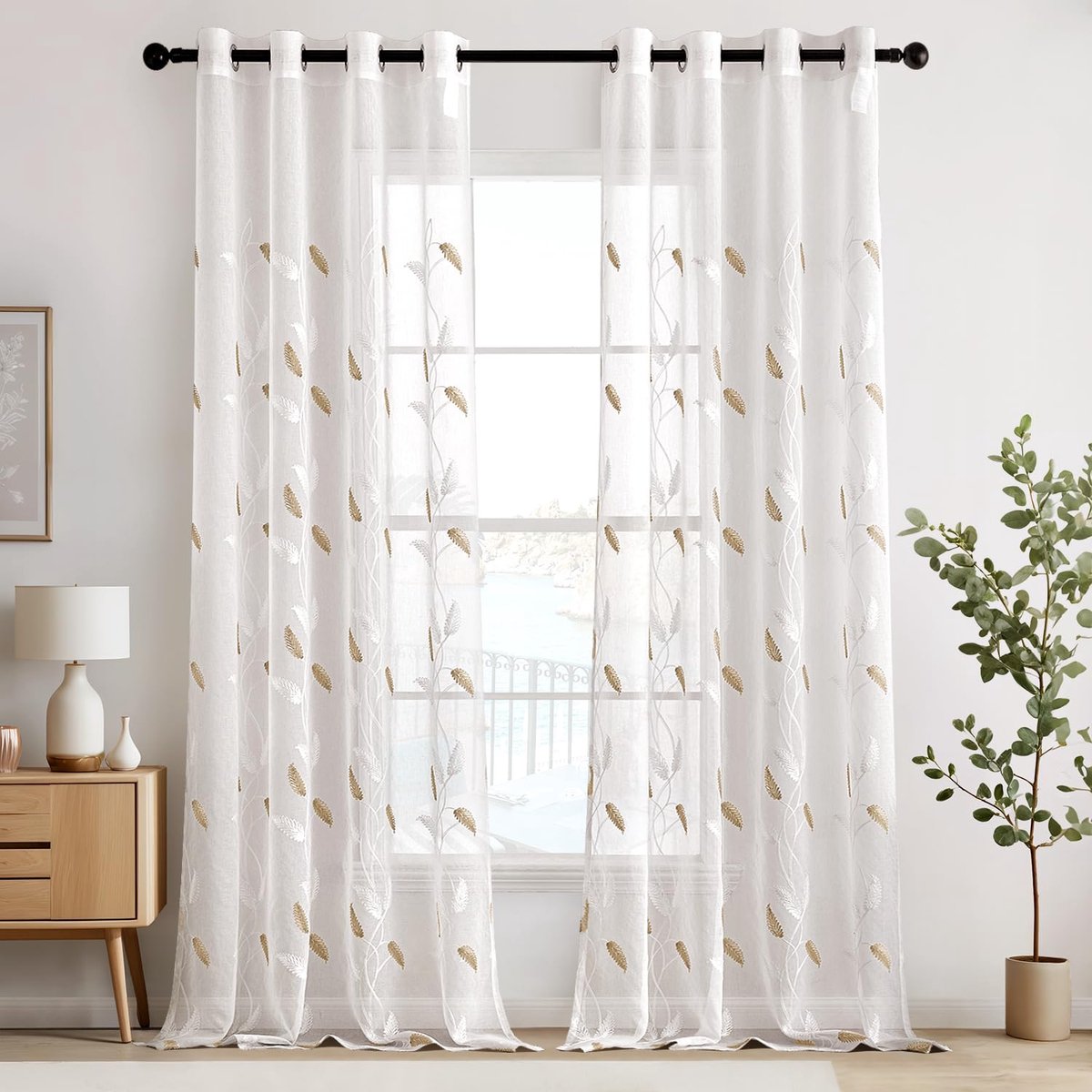 Ibenzoa Transparante Voile Gordijnen met Bladeren en Ringmontage, Set van 2, 260 x 140 cm Bladeren Beige