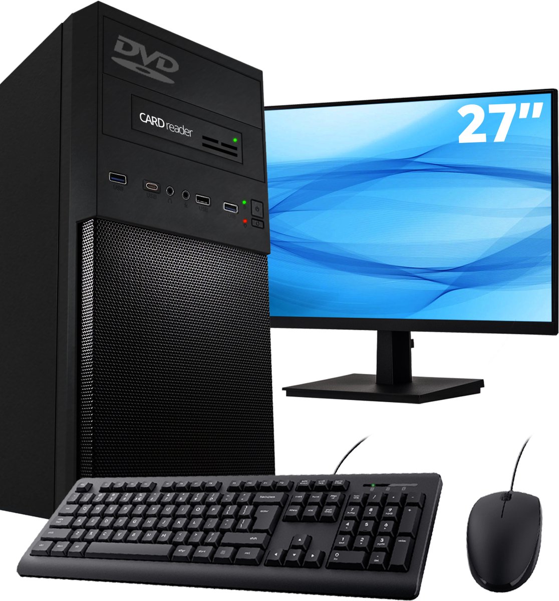 ScreenON - AMD Office Pro PC SET - (27" Monitor + Muis & Toetsenbord) - Ryzen 5 PRO 5650G - 500GB SSD - 16GB RAM - DVD - Cardreader - WiFi + Bluetooth - Windows 11