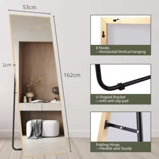 Bogen Full body spiegel, 162 x 53 cm, vloer staande spiegel, HD-vloer, grote spiegel met standaard, grote wandspiegel, staande aankleedspiegel voor slaapkamer, woonkamer (zwart, 162 x 53 cm
