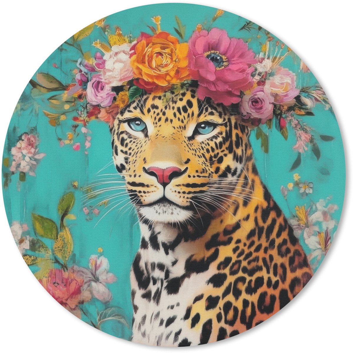 Muismat rond 30x30 cm - Mousepad Luipaard - Bloemen - Kroon - Ronde muismatten