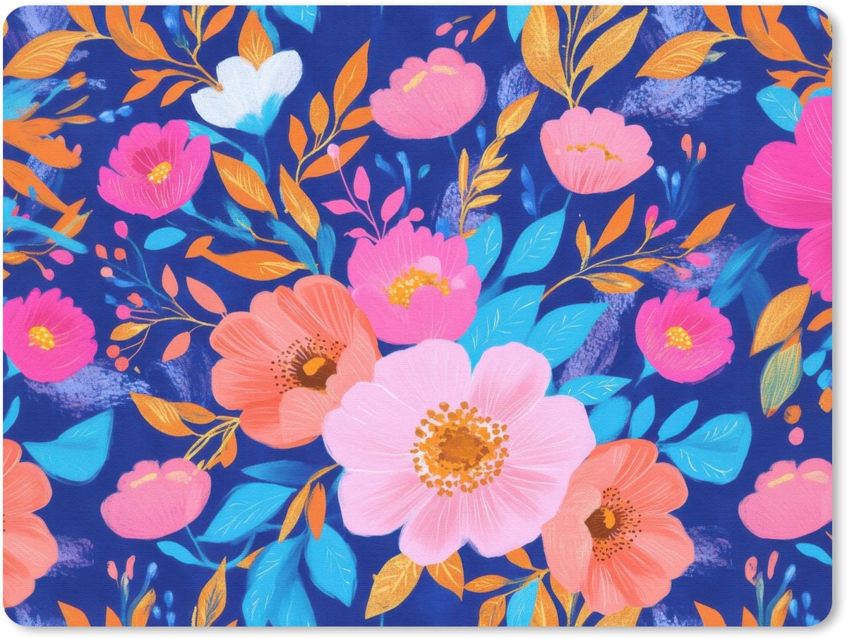 Muismat 23x19 cm - Mousepad Bloemen - Blauw - Roze - Muismatten