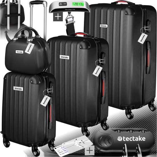 tectake®- Set de valises valises de voyage trolley bagage à main trousse de beauté Cleo - 4 pièces avec pèse-bagages - noir - 404989