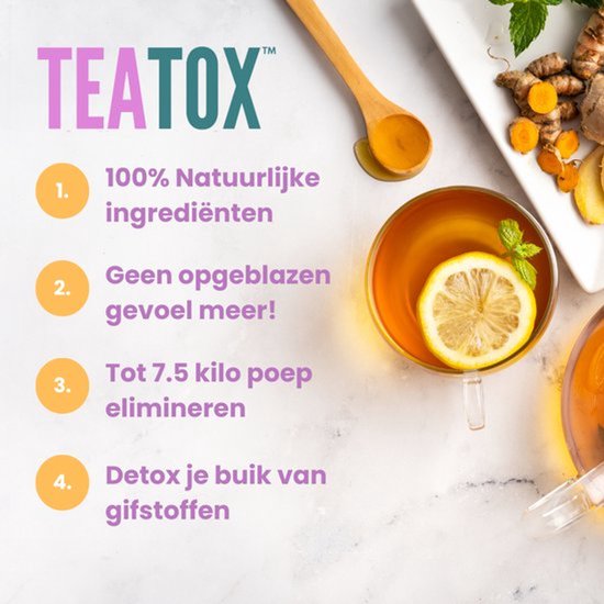 Een kop thee met citroen en munt, naast gember en kurkuma. 'TEATOX' met tekst over natuurlijke ingrediënten en detox.