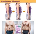 Resultaat na 28 dagen: Vrouwen en mannen met slankere figuren. 'TEATOX 28 DAY EXTREME DETOX WEIGHT LOSS' verpakking.