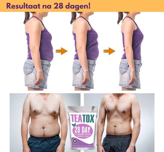 Resultaat na 28 dagen: Vrouwen en mannen met slankere figuren. 'TEATOX 28 DAY EXTREME DETOX WEIGHT LOSS' verpakking.