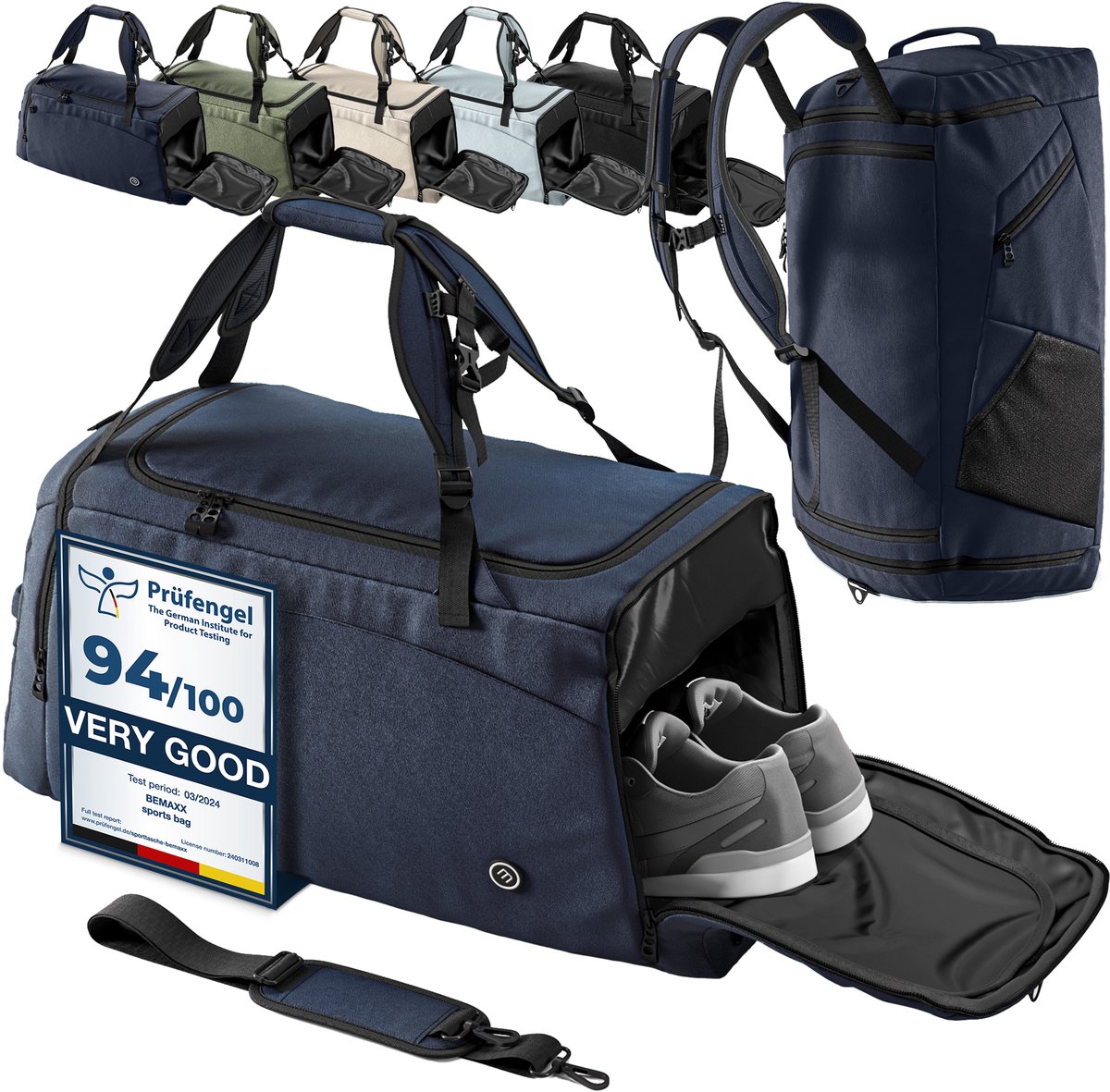 bemaxx Sporttas Gymbag Reistas 40L / 60L | Trainingstas met Rugzak-Functie Schoenencompartiment Vak voor natte Kleding | Sportrugzak Fitness Tas Weekender Zwemtas Duffelbag Sportzak Fitnesszak Sportbag Heren - 60L, Blauw