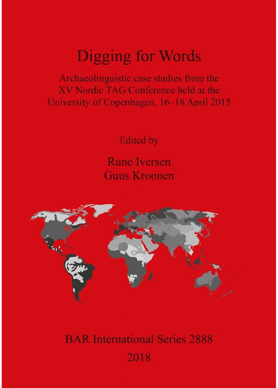 Boekomslag 'Digging for Words', met een wereldkaart en tekst over archeolinguïstiek.