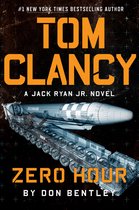 Boekcover met de titel 'Zero Hour' van Tom Clancy, met een gedetailleerd ontwerp van een tank en een raket.