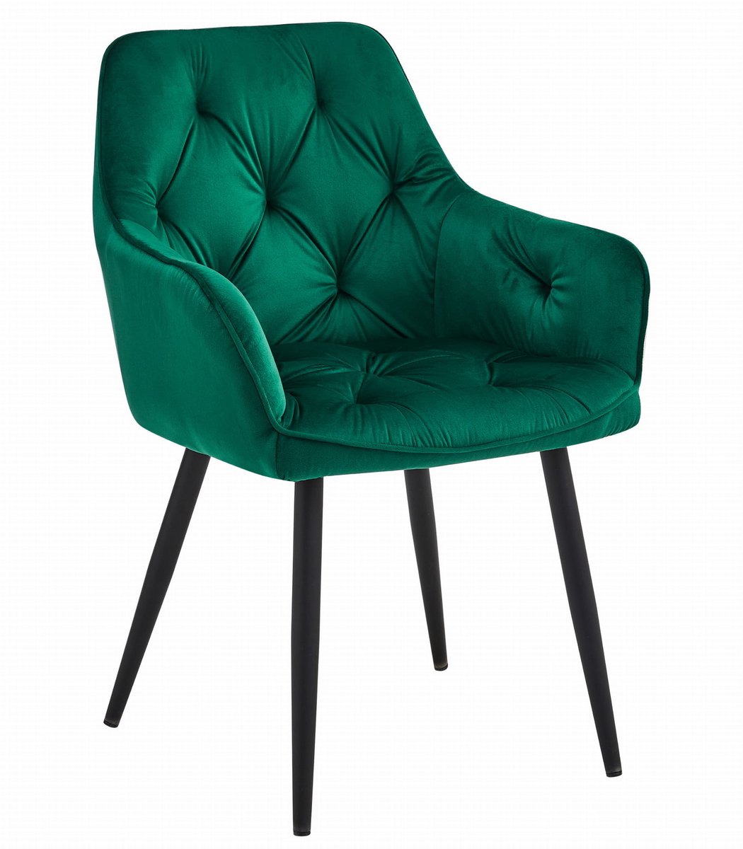 LEOBERT Stoel JORK - Groen Velvet - Zwarte Metaalpoten - Luxe Eetkamerstoel - Fauteuil - Met Armleuning - Modern Design - Elegant en Comfortabel voor Woonkamer, Keuken of Eetkamer - Max. 110 kg