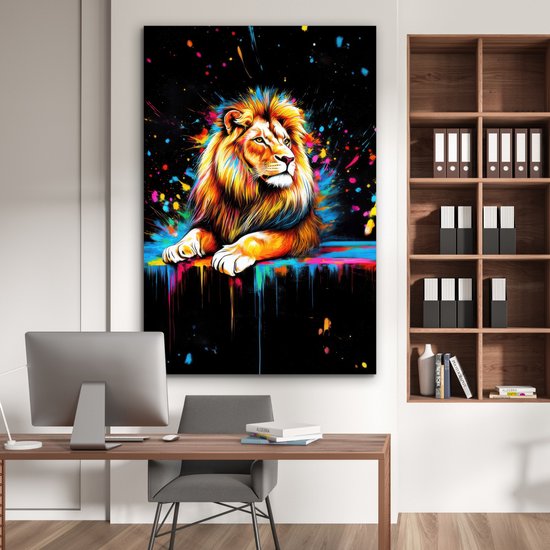 Aluminium schilderij 100x150 cm - Wanddecoratie metaal - Leeuw - Kleurrijk - Spetters - Metalen muurdecoratie woonkamer - Decoratie industrieel - Foto op dibond - Industriële accessoires slaapkamer