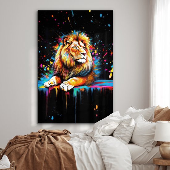 Aluminium schilderij 100x150 cm - Wanddecoratie metaal - Leeuw - Kleurrijk - Spetters - Metalen muurdecoratie woonkamer - Decoratie industrieel - Foto op dibond - Industriële accessoires slaapkamer