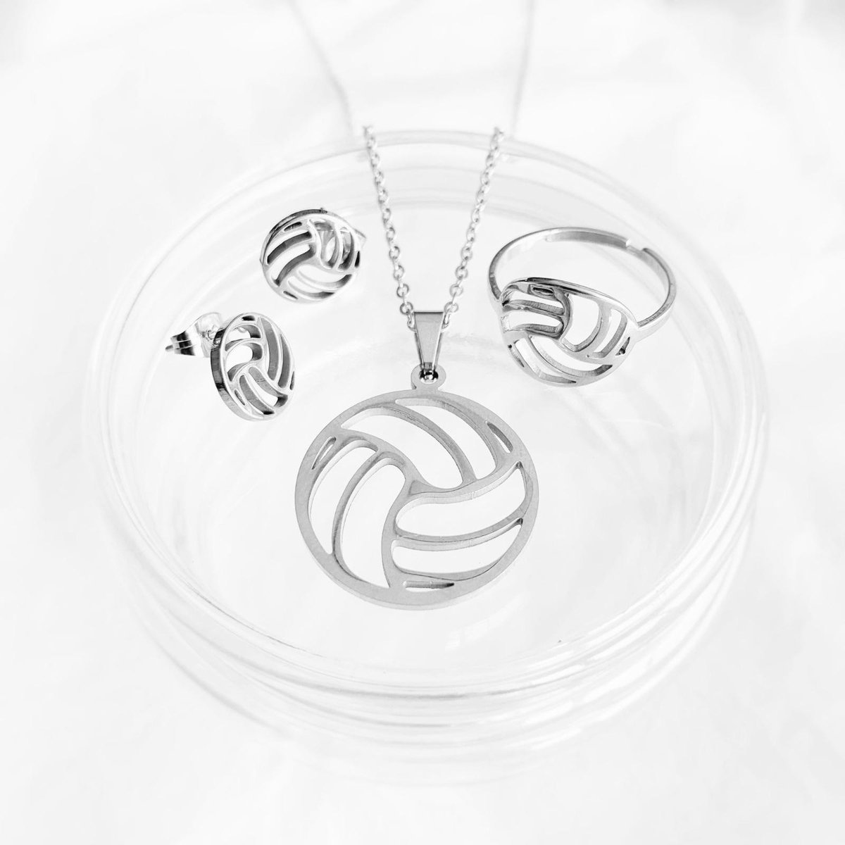 SportPresent® - Sieradenset - Oorbellen - Ketting - Ring - Sport - Volleybal - Waterpolo - Bal - Zilver kleur - Sportsieraad - SportPresent - Sportsieraden