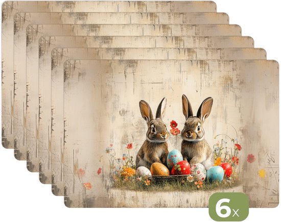 Placemats - 6 stuks - 45x30 cm - Placemat kunststof - Konijnen - Bloemen - Eieren - Borden onderleggers - Decoratie voor op tafel - Keuken tafeldecoratie accessoires - Vinyl onderlegger - Tafelversiering - Pasen - Paasdecoratie - Paas versiering