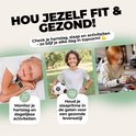 Drie kinderen dragen lichtgroene smartwatches: slapend, met voetbal, puzzelend. Tekst: Hou jezelf fit & gezond! Monitor hartslag & slaap.