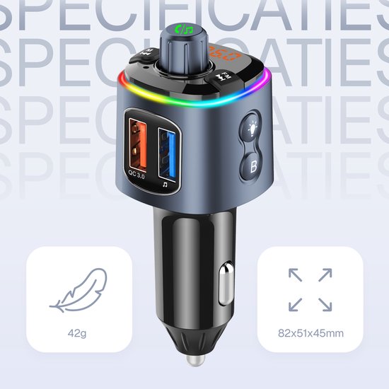 Grijze Wegman Bluetooth FM-zender met twee USB-poorten (één QC 3.0, één PD 30W) en gekleurde LED-verlichting.