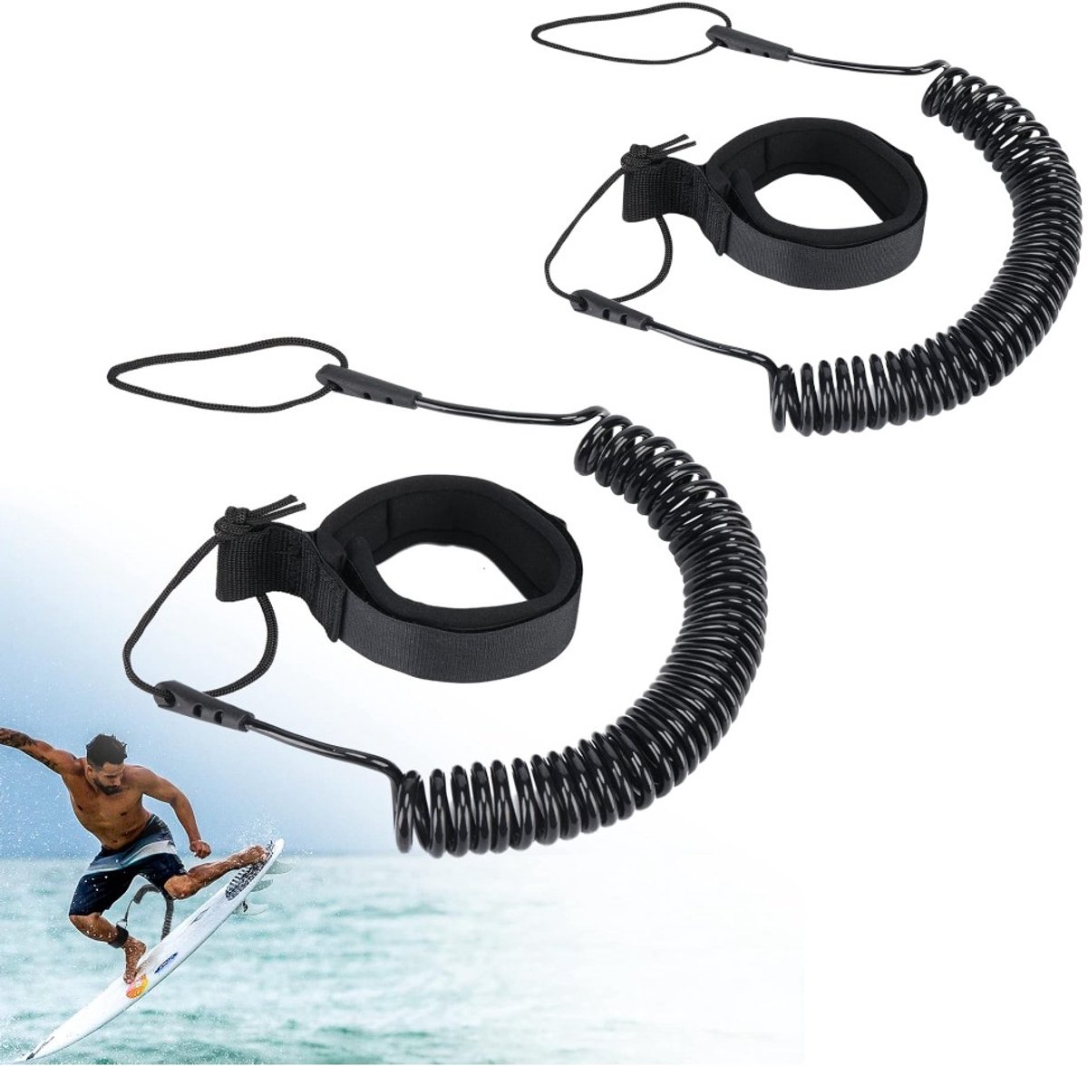 2 stuks - Bungee Surf Rope - Surfboard Leash - 10' - Stand Up Paddle Board Leash - Longboard, Paddle Board Accessoires - SUP Accessoires - Zwart - Single Board Bungee Surf Rope