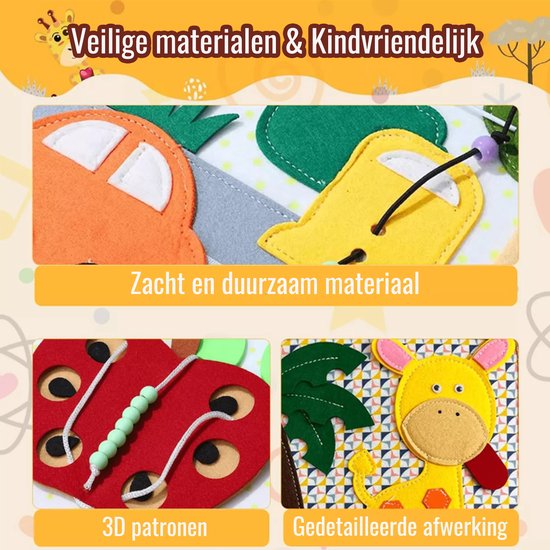 Close-up van een Joyage drukke boek met 3D patronen: een rode appel met groene bladeren en kralen, en een gele giraf met een kokosboom.