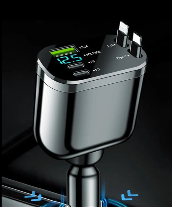 Close-up van de zwarte DISEV autolader met twee USB-C kabels en een digitaal display.