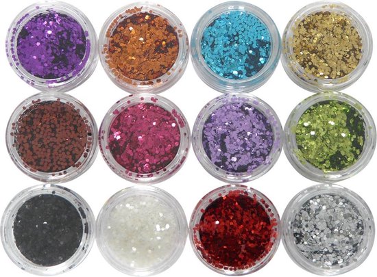 Hexagon 12 verschillende kleuren glitter nailart  - Acryl product - Gelnagellak - Nagellak.