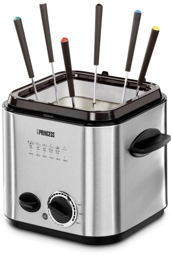 RVS fonduepan met zes fonduevorken met gekleurde uiteinden.