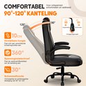 Zwarte bureaustoel met verstelbare hoogte, kantelfunctie van 90° tot 120° en 360° zwenkwielen.