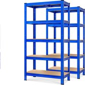 Twee blauwe stellingkasten met elk 5 houten planken, geïsoleerd op een witte achtergrond.