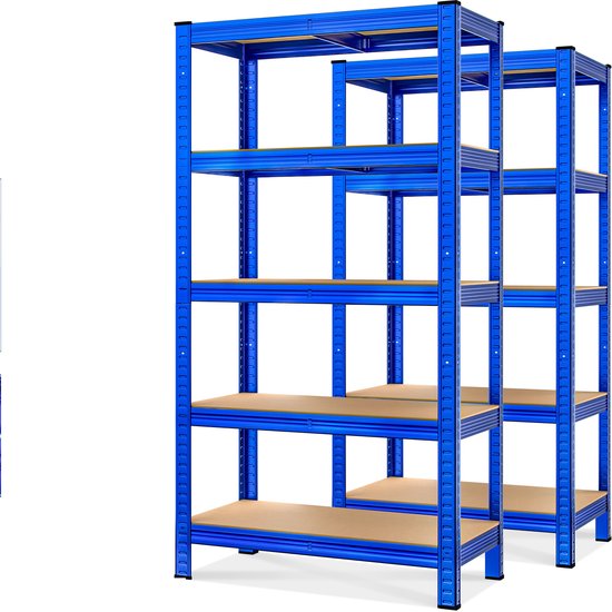 Twee blauwe stellingkasten met elk 5 houten planken, geïsoleerd op een witte achtergrond.